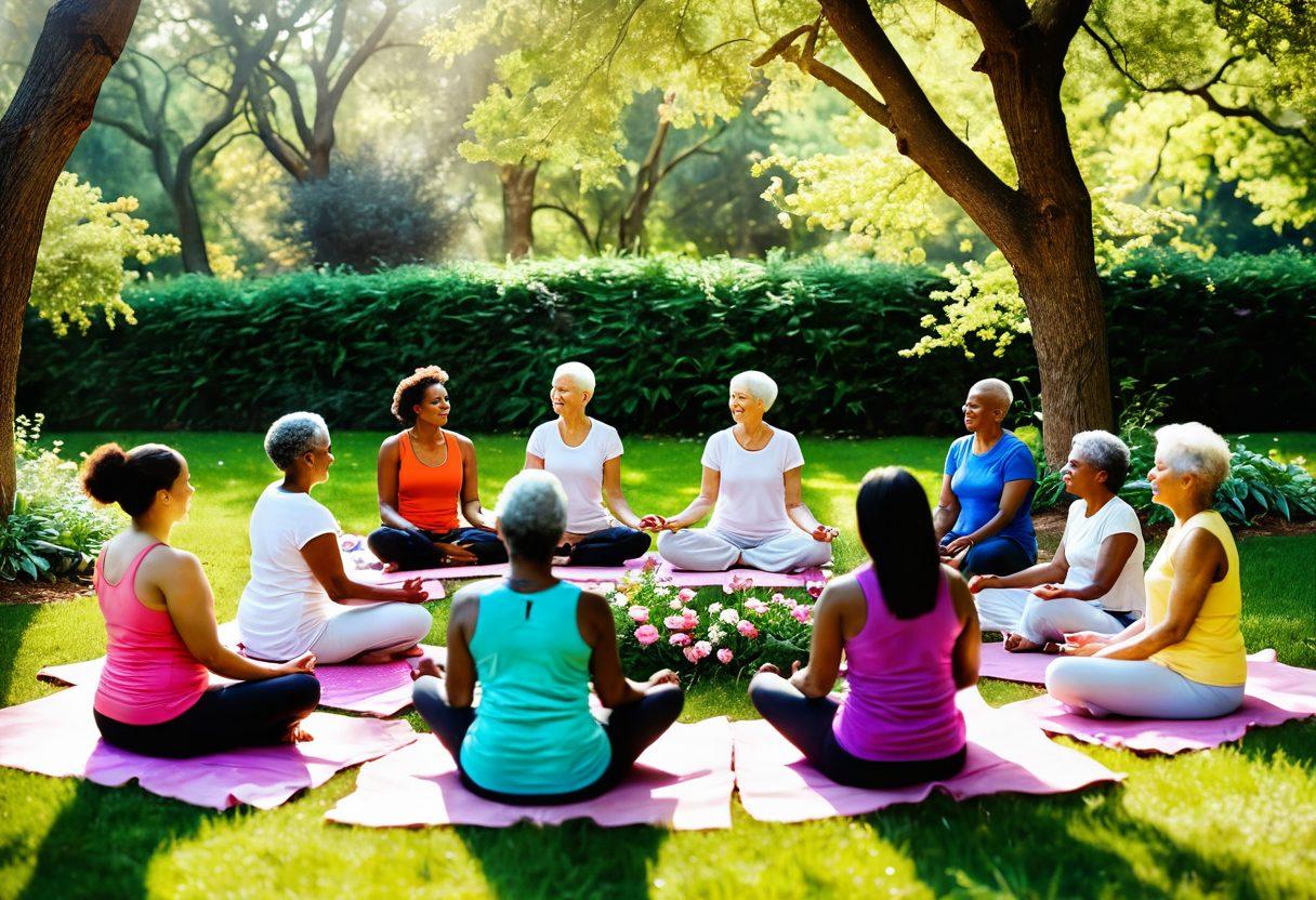 A serene scene depicting a diverse group of cancer survivors engaging in a supportive group circle, sharing stories and laughter. They are surrounded by vibrant, blooming flowers symbolizing hope and healing, with soft sunlight filtering through trees in the background. Include elements like yoga mats, herbal tea, and supportive signs about wellness tips. The composition conveys warmth and community spirit. super-realistic. vibrant colors. soft focus.